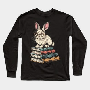 Vintage Rabbit Reading Bunny With Glasses Happy Easter Long Sleeve T-Shirt